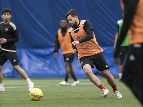 Fury FC forward Sito Seoane dribbles the ball during an indoor practice in training camp in March. Seoane is the only Fury FC player to score a goal in the first two games of the regular season. Errol McGihon/Postmedia