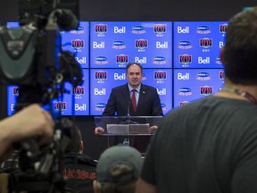 Senators general manager Pierre Dorion takes questions during his end-of-season media conference at Canadian Tire Centre on Thursday. Errol McGihon/Postmedia