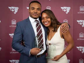 Siblings Dria (right) and Jackson Bennett were named the female and male athlete of the year, respectively, at the University of Ottawa annual sports awards dinner. (GREG MASON/Photo)