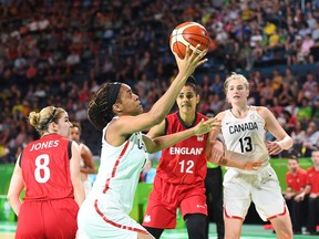 Ottawa's Merissah Russell drives to the basket during the Canadian women's basketball game against England on Friday.