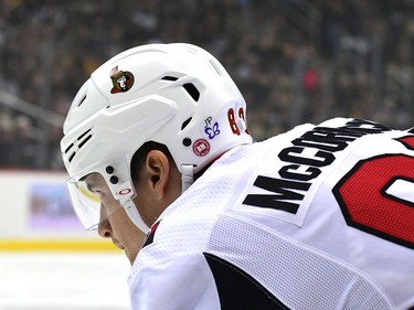 The sticker tribute to Jonathan Pitre is seen here on the helmet of Senators forward Max McCormick during the first period of Friday's game against the Penguins.