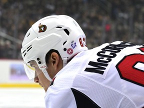 The sticker tribute to Jonathan Pitre is seen here on the helmet of Senators forward Max McCormick during the first period of Friday's game against the Penguins.