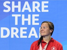 Bronze medalist Erika Seltenreich-Hodgson of Canada poses during the medal ceremony for the Women's 200m Individual Medley Final on day four of the Gold Coast 2018 Commonwealth Games at Optus Aquatic Centre on April 8, 2018 on the Gold Coast, Australia.