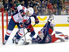 Columbus Blue Jackets goalie Sergei Bobrovsky stops a shot from Chandler Stephenson (18) of the Washington Capitals during the first period in Game 4 at Nationwide Arena on Thursday, April 19, 2018, in Columbus, Ohio.