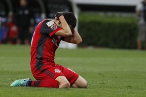 Toronto FC Ager Aketxe holds his head in disbelief after missing a shot to score against Chivas during the championship of the CONCACAF Champions League final soccer match in Guadalajara, Mexico, Wednesday, April, 25, 2018. (AP Photo/Eduardo Verdugo) ORG XMIT: XEV149