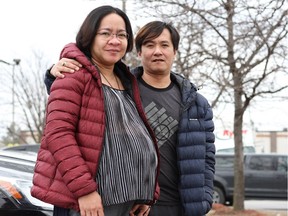 Shelly Abad Cruz and her husband of 14 years, Archie Duldulao, on St. Laurent Boulevard on Thursday, April 12, 2018, the day before Cruz undergoes a mastectomy in her right breast. She is 34 weeks pregnant.