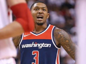 Bradley Beal of the Washington Wizards reacts to a call during Game 2 against the Toronto Raptors at the Air Canada Centre on April 17, 2018
