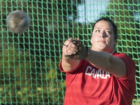 Sultana Frizell of Perth, Ont., conducts a hammer throw training session on Tuesday at Gold Coast, Australia.