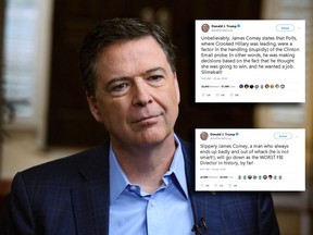 In this image released by ABC News, former FBI director James Comey appears at an interview with George Stephanopoulos that will air during a primetime "20/20" special on Sunday, April 15, 2018 on the ABC Television Network. U.S. President Donald Trump attacked Comey in tweets (inset) ahead of the interview. (Ralph Alswang/ABC via AP/@realdonaldtrump/Twitter)