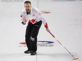 Canadian skip Brad Gushue calls to his sweepers during Wednesday's game against Norway in Las Vegas.