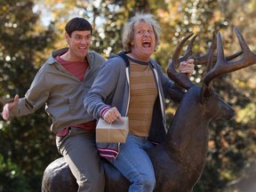This image released by Universal Pictures shows Jim Carrey, left, and Jeff Daniels in a scene from "Dumb and Dumber To."
