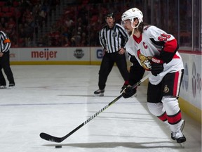 Erik Karlsson #65 of the Ottawa Senators looks to pass the puck during an NHL game against the Detroit Red Wings at Little Caesars Arena on January 3, 2017 in Detroit, Michigan.