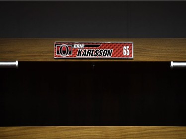 Ottawa Senators captain Erik Karlsson's nameplate is seen in the locker room during the team's season wrap up in Ottawa, Monday April 9, 2018.