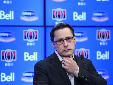 Ottawa Senators head coach Guy Boucher answers a question during the team's season wrap up press conference in Ottawa, Monday April 9, 2018.