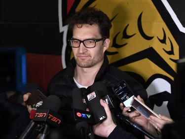 Ottawa Senators right winger Mark Stone speaks to reporters during the team's season wrap up in Ottawa, Monday April 9, 2018.