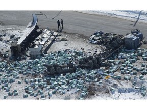 The wreckage of a fatal crash outside of Tisdale, Sask., is seen Saturday, April, 7, 2018. A bus carrying the Humboldt Broncos hockey team crashed into a truck en route to Nipawin for a game Friday night killing 14 and sending over a dozen more to the hospital.