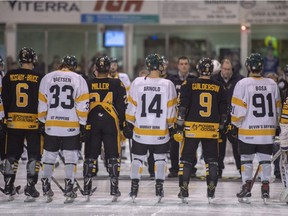A moment of silence is held to honour first responders, victims, and survivors of the bus crash that killed 16 members of the Humboldt Broncos before Game 1 of the Saskatchewan Junior Hockey league final between the Estevan Bruins and Nipawin Hawks in Nipawin on Saturday.