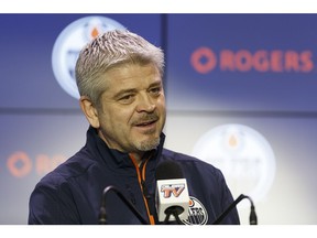 Edmonton Oilers head coach Todd McLellan speaks about the team's 2017-18 season during a year end press conference at Rogers Place in Edmonton, on Monday, April 9, 2018.