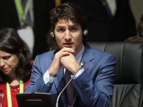 Prime Minister Justin Trudeau attends the plenary session at the Americas Summit in Lima, Peru, Saturday, April 14, 2018. (AP Photo/Juan Pablo Azabache)