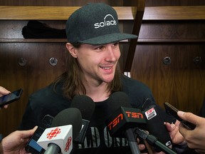 Erik Karlsson discusses his future with the media as the Ottawa Senators clear out their lockers and have their exit meetings at Canadian Tire Centre. (Wayne Cuddington/ Postmedia)