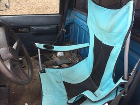 A pick-up truck with a folding lawn chair for a drivers seat is shown in this recent handout photo. Police say a driver pulled over in Thunder Bay, Ont., had an unusual seating arrangement -- a folding lawn chair. They say an officer stopped a pickup truck on Tuesday afternoon after noticing the licence plates were allegedly not authorized for that vehicle.