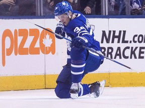 Toronto Maple Leafs' Auston Matthews celebrates his goal against the Montreal Canadiens during NHL action on April 7, 2018