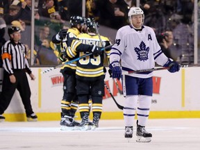 Maple Leafs defenceman Morgan Rielly looks on after the Bruins celebrate David Krejci's goal during the second period of Game 2 of the NHL Eastern Conference First Round playoff series TD Garden in Boston on Saturday, April 14, 2018. (Maddie Meyer/Getty Images)