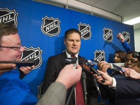 Buffalo Sabres GM Jason Botterill talks to media after the NHL draft lottery at CBC Toronto in Toronto, Ont. on Saturday April 28, 2018. The Buffalo Sabres came in first place the NHL draft lottery.