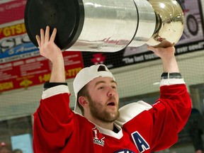 Nick Lalonde, with the Bogart Cup, after the Ottawa Junior Sentors beat the Carleton Place Canadians 5-4 on Saturday to win the CCHL final 4-1.