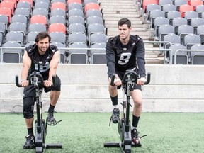 Kickers Richie Leone (right) and Sergio Castillo work out at Ottawa Redblacks mini-camp.