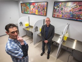 Community worker J.P. Leblanc (L) and Rob Boyd, the head of the Oasis harm-reduction program at the Sandy Hill Community Health Centre inside the new supervised injection site. The site features five separate stations where addicts are able to inject their drugs. The Sandy Hill Community Health Centre was actually the first SIS in Ottawa that received conditional federal approval (back in July 2017), but it has been renovating its space to build the SIS at its building since then. Photo by Wayne Cuddington/ Postmedia