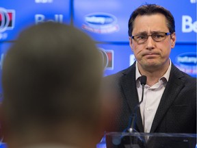 Head coach Guy Boucher discusses the future as the Ottawa Senators clear out their lockers and have their exit meetings with coaches and management at Canadian Tire Centre following the final game of the season on Saturday. Photo by Wayne Cuddington/ Postmedia