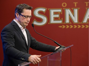 Head coach Guy Boucher discusses the future as the Ottawa Senators clear out their lockers and have their exit meetings with coaches and management at Canadian Tire Centre following the final game of the season on Saturday. Photo by Wayne Cuddington/ Postmedia