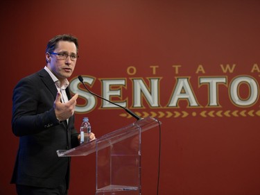 Head coach Guy Boucher discusses the future as the Ottawa Senators clear out their lockers and have their exit meetings with coaches and management at Canadian Tire Centre following the final game of the season on Saturday. Photo by Wayne Cuddington/ Postmedia