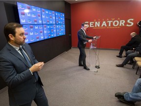 Head coach Guy Boucher talks to the media as the Ottawa Senators clear out their lockers and have their exit meetings at Canadian Tire Centre.