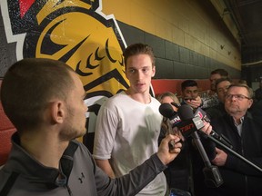 Thomas Chabot talks to media as the Ottawa Senators clear out their lockers and have their exit meetings with coaches and management at Canadian Tire Centre on Monday, April 9, 2018.