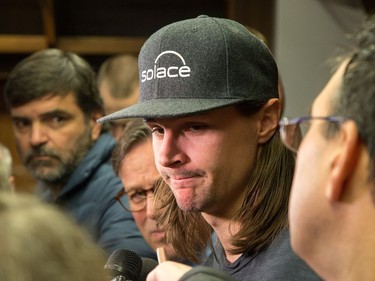 Erik Karlsson discusses his future with the media as the Ottawa Senators clear out their lockers and have their exit meetings with coaches and management at Canadian Tire Centre following the final game of the season on Saturday. Photo by Wayne Cuddington/ Postmedia