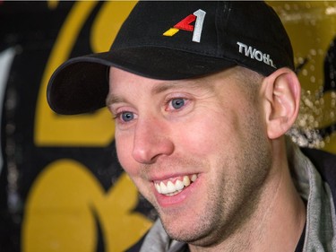 Craig Anderson smiles while being scrummed by the media as the Ottawa Senators clear out their lockers and have their exit meetings with coaches and management at Canadian Tire Centre following the final game of the season on Saturday. Photo by Wayne Cuddington/ Postmedia