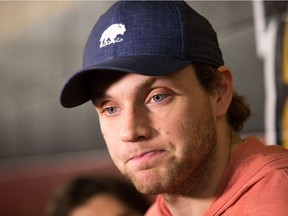 Bobby Ryan listens to a question while being scrummed by the media as the Ottawa Senators clear out their lockers and have their exit meetings with coaches and management at Canadian Tire Centre following the final game of the season on Saturday. Photo by Wayne Cuddington/ Postmedia