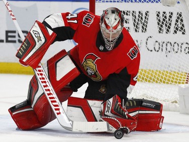 Ottawa Senators goalie Craig Anderson makes a save during the first period of the team's NHL hockey game against the Buffalo Sabres on Wednesday, April 4, 2018, in Buffalo, N.Y.