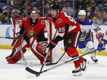 Ottawa Senators forward Matt Duchene (95) looks for the puck during the first period of the team's NHL hockey game against the Buffalo Sabres Wednesday, April 4, 2018, in Buffalo, N.Y.