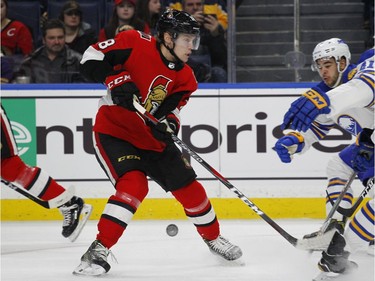 Ottawa Senators forward Ryan Dzingel (18) loses the puck during the second period of the team's NHL hockey game against the Buffalo Sabres on Wednesday, April 4, 2018, in Buffalo, N.Y.