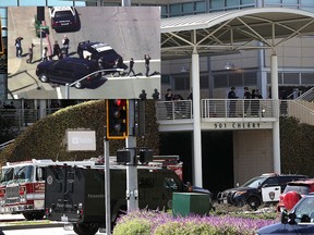 Police officers stand by in front of the YouTube headquarters on April 3, 2018 in San Bruno, Calif. (Inset) People being searched by police as they walk away from the area. (Justin Sullivan/Getty Images/KGO-TV via AP)