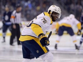 Nashville Predators defenceman P.K. Subban has a laugh near the end of the season. Subban is Norris Trophy finalist. (The Canadian Press)