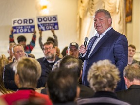 Ontario PC leader Doug Ford addresses supporters at a campaign rally at La Roya Banquet Hall in Ajax, Ont. on Wednesday April 18, 2018. Ernest Doroszuk/Toronto Sun/Postmedia Network