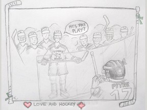 Love and hockey unite by Kerry MacGregor Cartoon showing Humboldt Broncos and Jonathan Pitre.