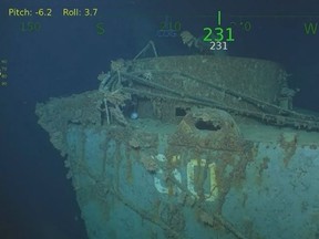 This March 24, 2018 photo provided by Paul G. Allen shows the starboard stern quarter of the light cruiser USS Helena.