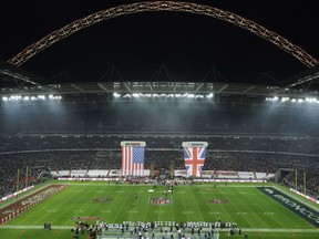 FILE - In this Sunday Oct. 31, 2010 file photo, the arena ahead of the NFL Football match between the Denver Broncos and San Francisco 49ers at Wembley Stadium in London. The English Football Association received an offer on Thursday April 26, 2018, to buy Wembley Stadium, from Jacksonville Jaguars and Fulham owner Shahid Khan.