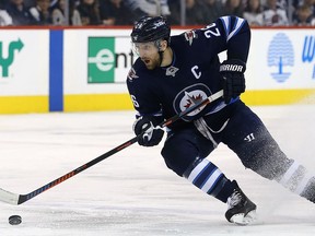 Winnipeg Jets forward Blake Wheeler slams on the brakes against the Nashville Predators in Winnipeg on Sun., March 25, 2018.