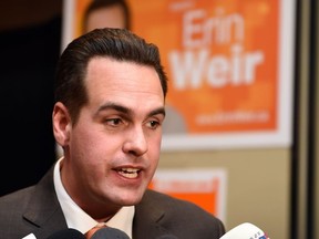 In this file photo, NDP candidate Erin Weir speaks after his election win in the Regina-Lewvan riding in Regina on October 19, 2015.